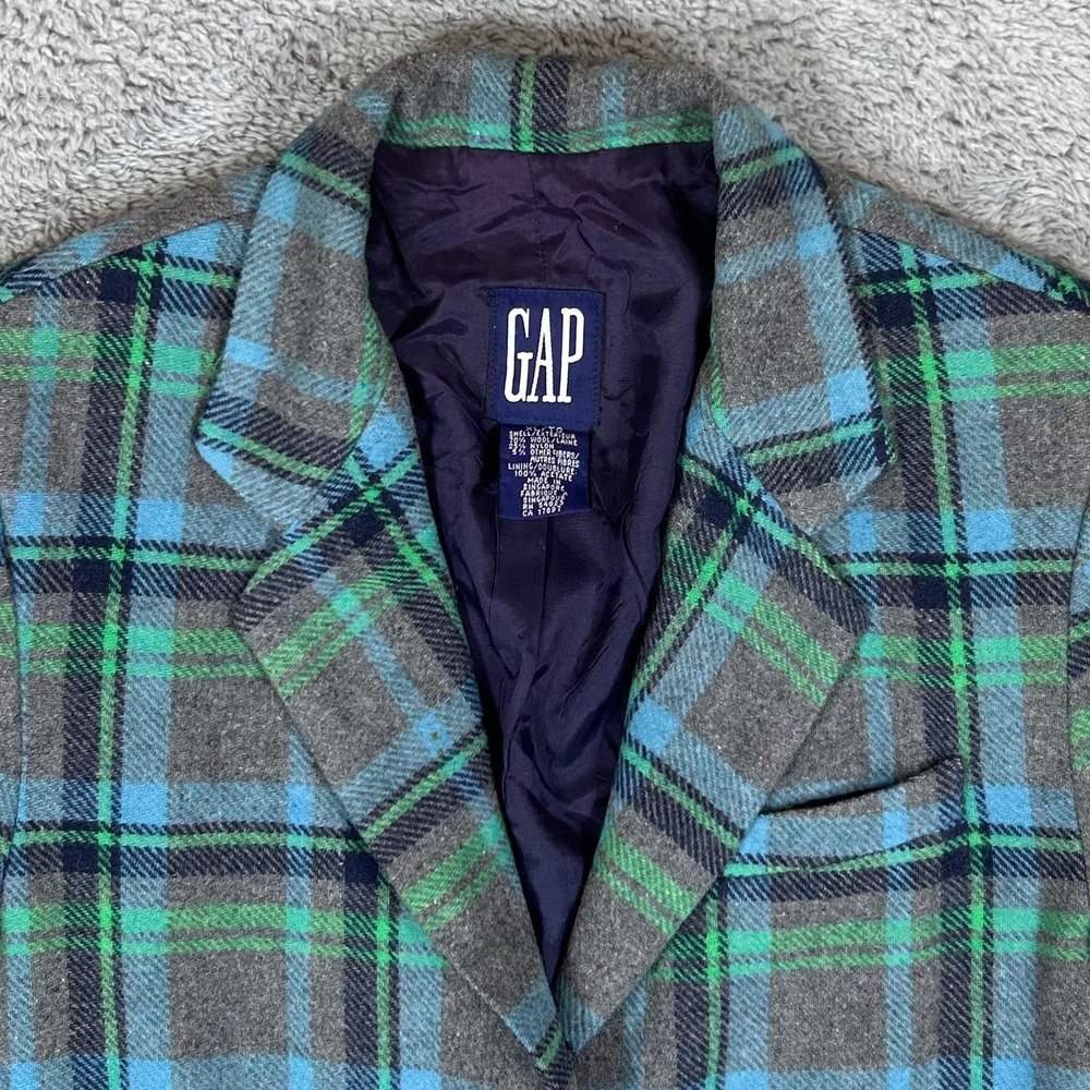 Gap Womens XL Plaid Wool Blend Blazer Jacket Blue Green Grey 3-Button RN 54023
